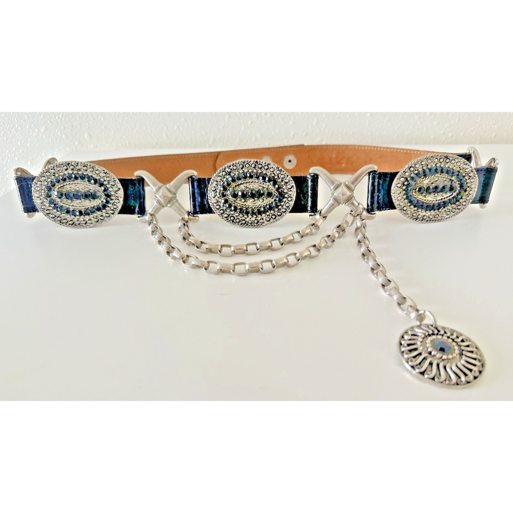 Streets Ahead Belt Silver Metal Chain & Rhinestone Black Leather STATEMENT 32 in